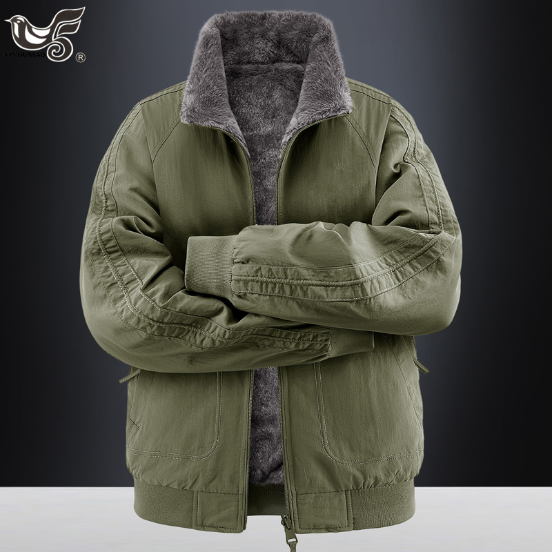 Varsity Jacket Wool - เสื้อพาร์กาผู้ชาย หนา อุ่น สามารถสวมใส่ได้สองด้าน เสื้อโค้ทบุด้วยผ้าฝ้าย แจ็คเก็ตขนแกะ