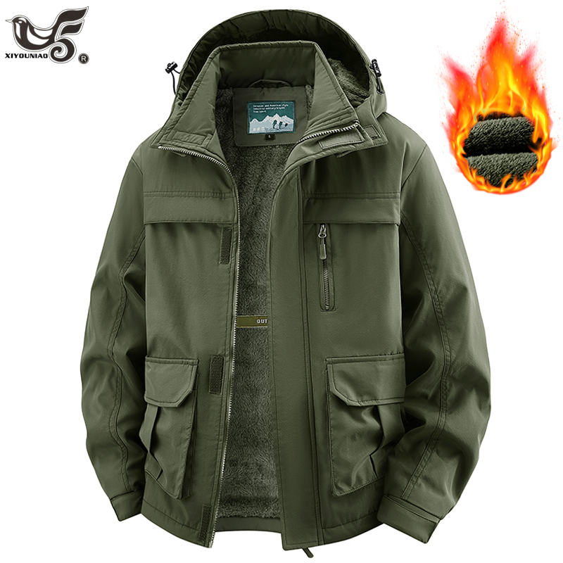 Varsity Jacket Wool - เสื้อแจ็คเก็ตฤดูหนาวผู้ชายมีฮู้ดบุขนแกะหนา มีกระเป๋าหลายช่อง เสื้อโค้ทคาร์โก้ สำหรับกิจกรรมกลางแจ้ง ลำลอง เดินป่า