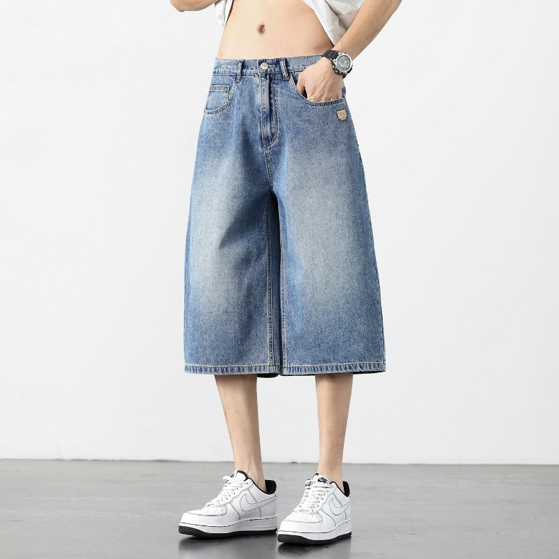 Retro Vintage Korean Fashion - กางเกงยีนส์ขาสั้นสไตล์อเมริกันวินเทจสำหรับผู้ชาย ทรงหลวม ขากว้าง ผ้าบาง สไตล์เกาหลี แฟชั่นลำลอง