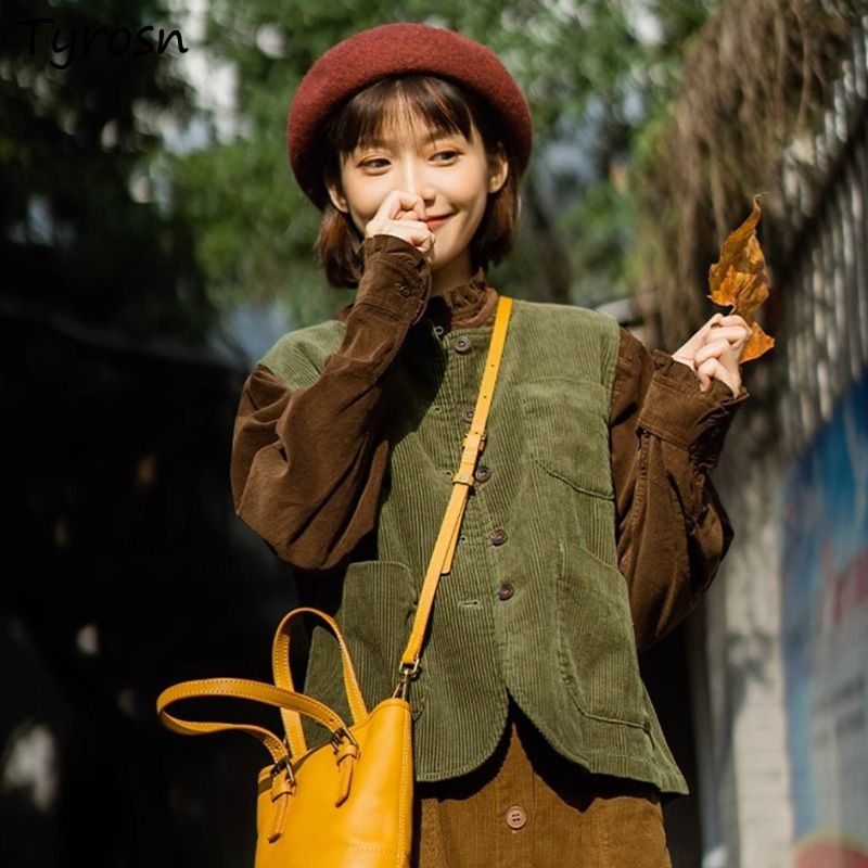 Retro Vintage Korean Fashion - เสื้อกั๊กผู้หญิง Corduroy Retro Vintage เสื้อแขนกุดสาวหวานกระเป๋า Leisure