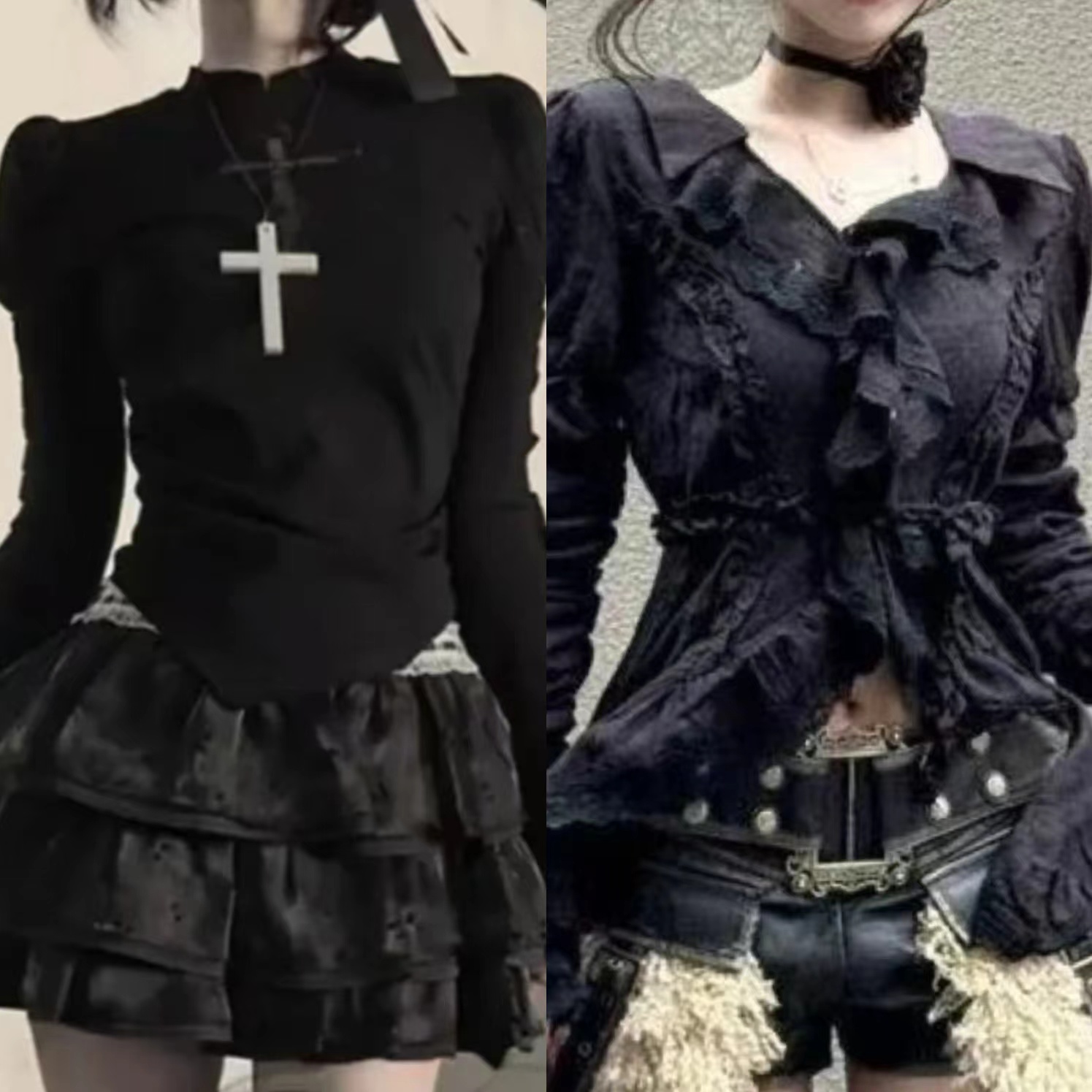 Retro Vintage Korean Fashion - ญี่ปุ่น Vintage Y2k Lolita ลูกไม้สั้นเสื้อผู้หญิงสไตล์โกธิค Retro