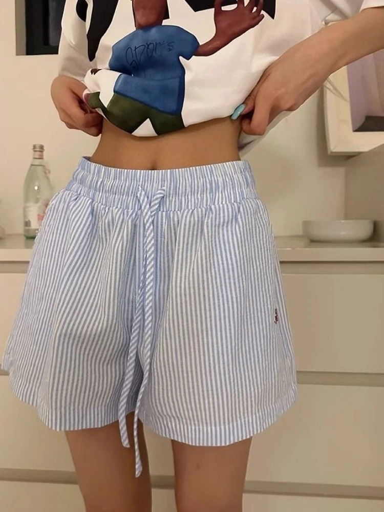 Retro Vintage Korean Fashion - Y2k กางเกงขาสั้นลายผู้หญิง Outwear Harajuku Blue Elastic