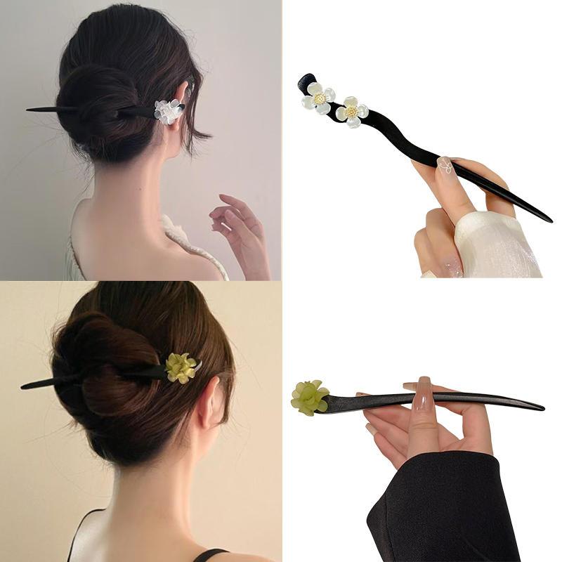 Vintage Fashion Shop - วินเทจสไตล์จีนไม้ดอกไม้ผม Sticks Pearl Hairpin เครื่องประดับสําหรับผู้หญิงอารมณ์อุปกรณ์เสริมผมจัดแต่งทรงผม Gif