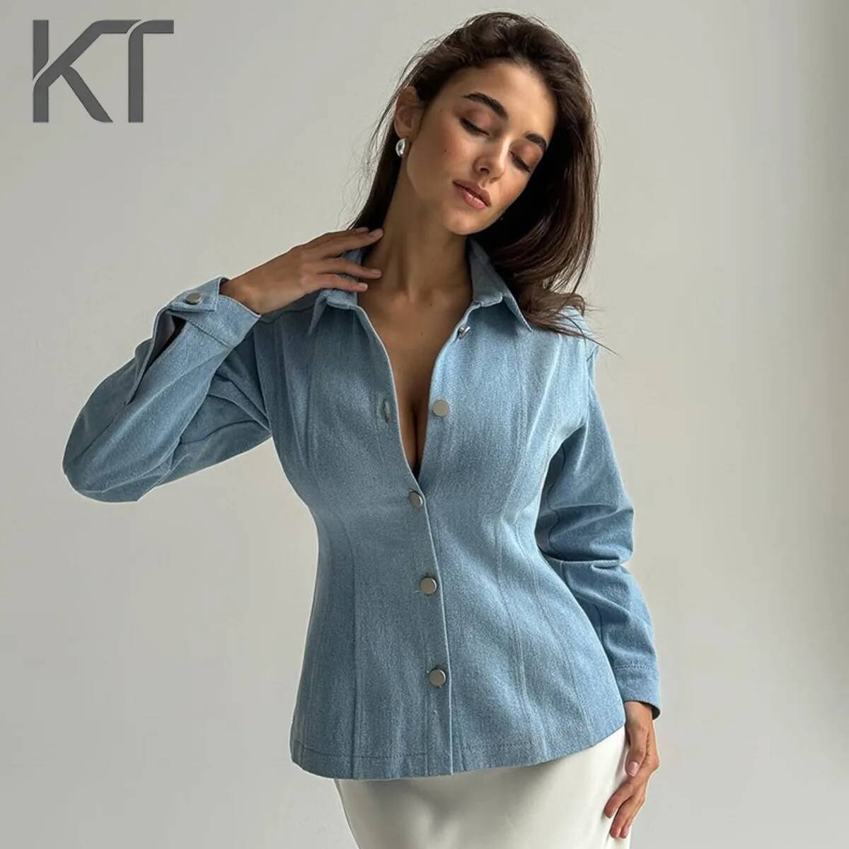 Vintage Women Fashion - เสื้อเชิ้ตเดนิมทรงเข้ารูป KT Vintage สำหรับผู้หญิง แขนยาว ติดกระดุม