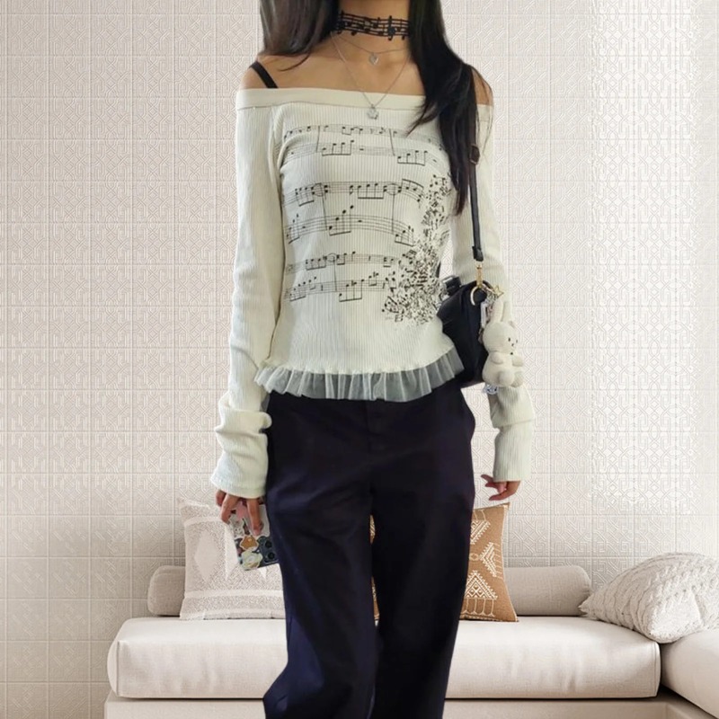 Retro Vintage Korean Fashion - เสื้อยืดสไตล์ฮาราจูกุย้อนยุค Y2K สำหรับผู้หญิง ลายพิมพ์พังก์วินเทจ แขนยาว แฟชั่นเกาหลี