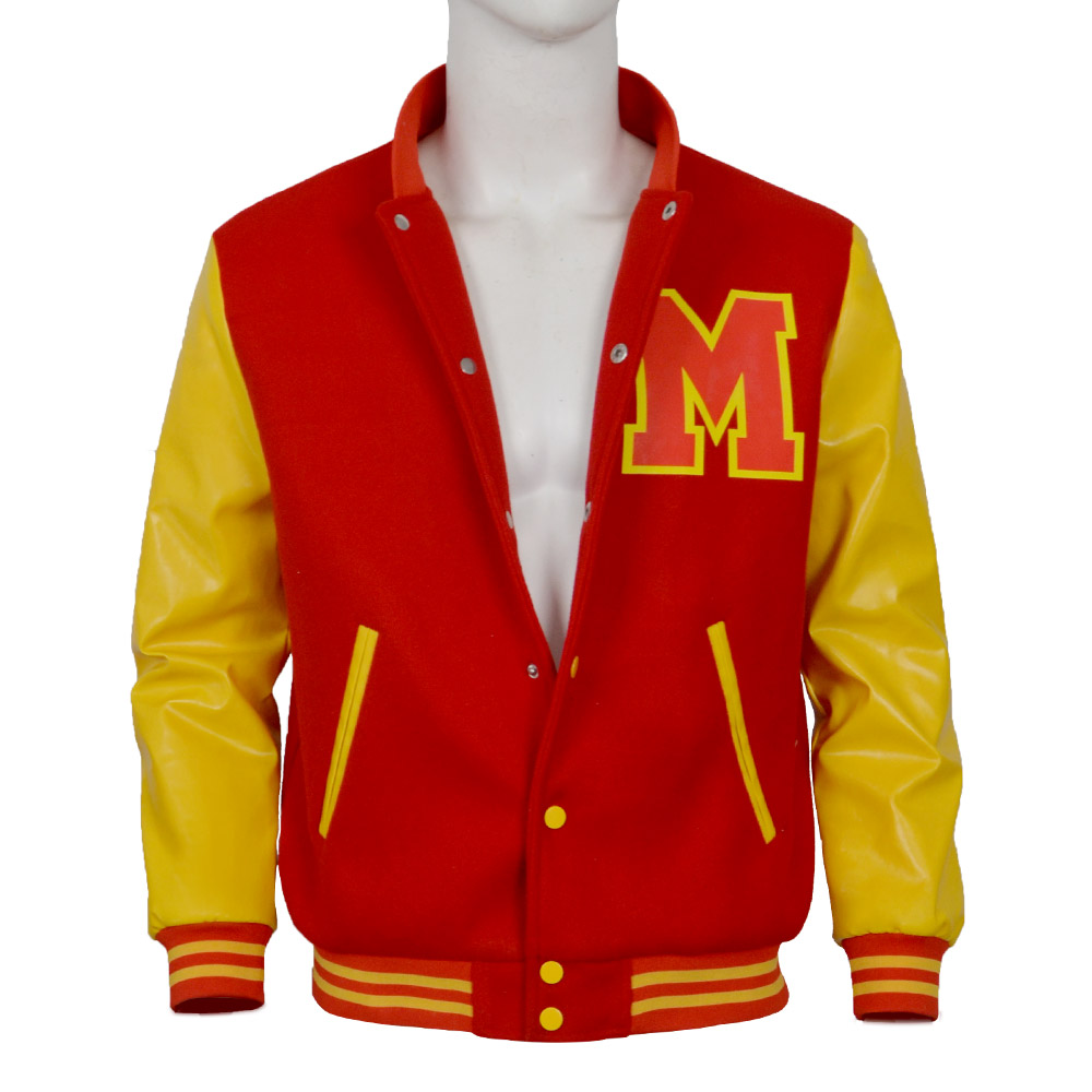Varsity Jacket Wool - เสื้อแจ็คเก็ตวาร์ซิตี้คอสเพลย์ไมเคิล แจ็คสัน สีแดงเหลือง แจ็คเก็ตเบสบอลแบบเรโทร บอมเบอร์โค้ท สำหรับการแสดงบนเวทีและสวมใส่ในชีวิตประจำวัน