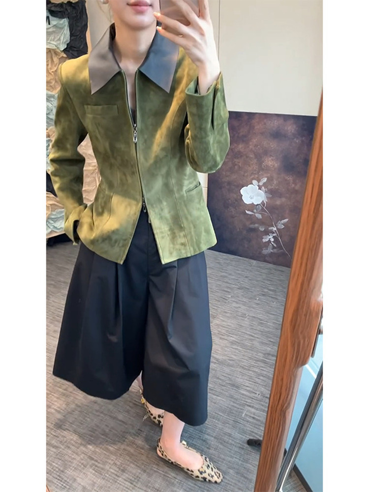 เสื้อแจ็คเก็ตหนังกลับสีเขียวสไ - Retro Vintage Korean Fashion บทวิจารณ์และราคา