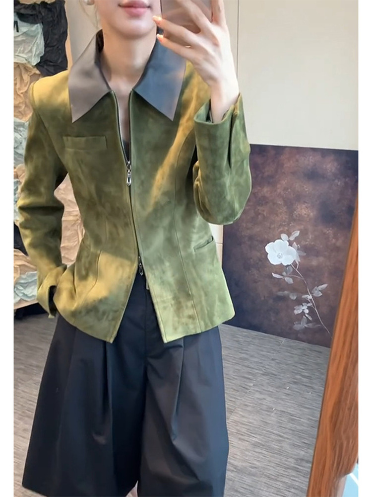 เสื้อแจ็คเก็ตหนังกลับสีเขียวสไ - Retro Vintage Korean Fashion บทวิจารณ์และราคา