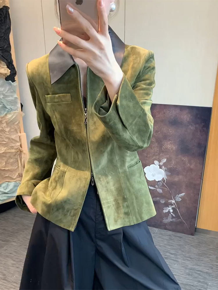 เสื้อแจ็คเก็ตหนังกลับสีเขียวสไ - Retro Vintage Korean Fashion บทวิจารณ์และราคา