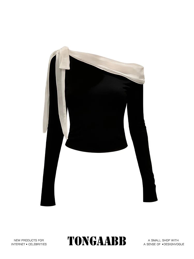 เสื้อยืดคอกว้างสีดำสำหรับผู้หญ - Retro Vintage Korean Fashion บทวิจารณ์และราคา